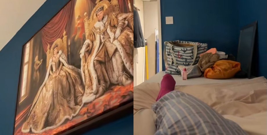 Гостевая спальня с портретом супругов в королевских нарядах над кроватью