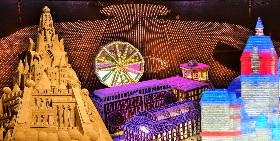 песочный дворец, пряничный городок, ледяной дворец, Будда из свечей