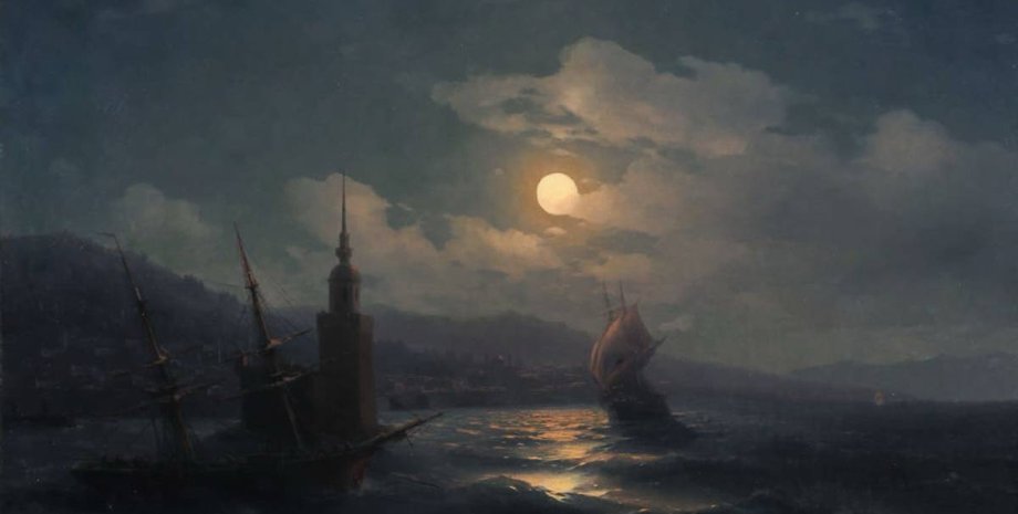 Лунная ночь, картина, Айвазовский, Крым, корабли, море