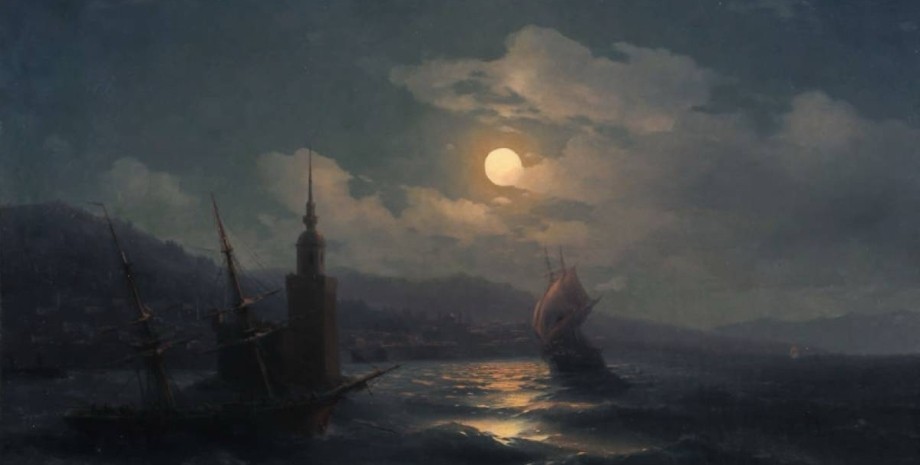 Лунная ночь, картина, Айвазовский, Крым, корабли, море