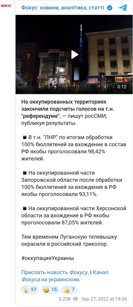 РосСМИ опубликовали результаты "референдума" в четырех областях Украины