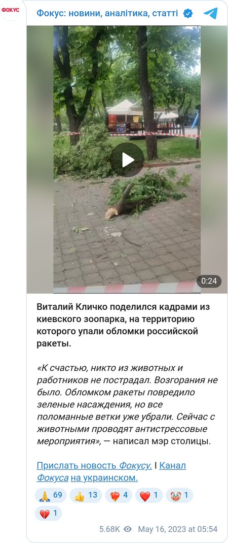 Уламки ракети впали на зоопарк