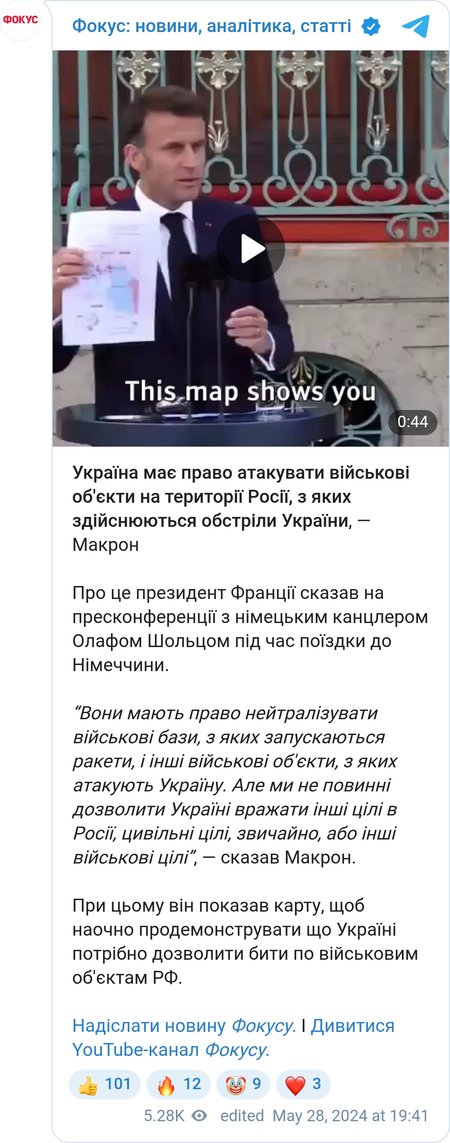 Эмманюэль Макрон об ударах по территории РФ