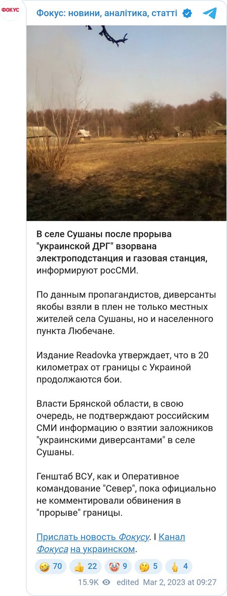 Сообщение о том, что на территории Брянской области якобы обнаружена "украинская ДРГ"