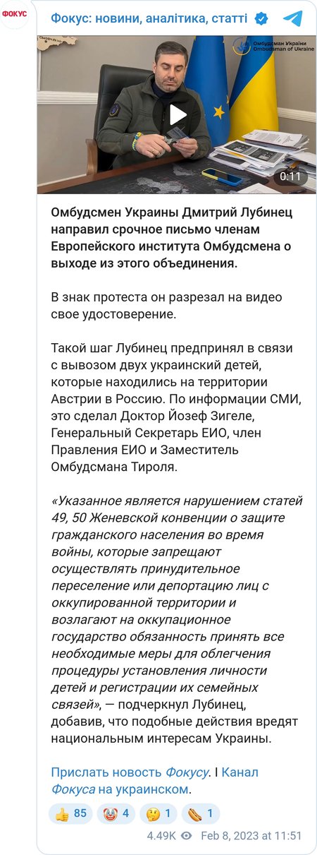 Лубинец порезал на куски членский билет Европейского института омбудсмена