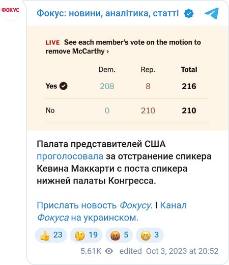 Палата представителей США проголосовала за отстранение Маккарти