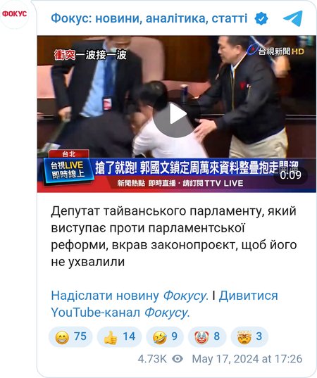 Бурное заседание парламента Тайваня