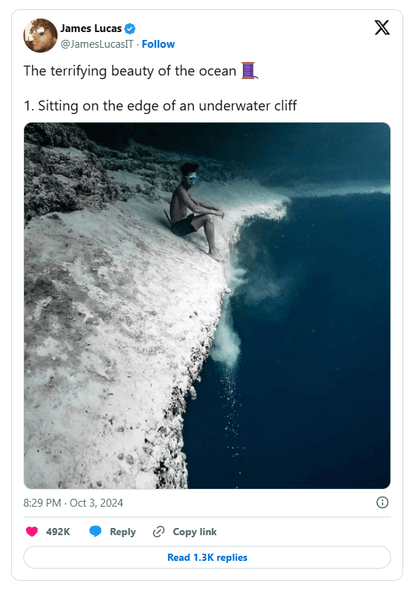 Подводная скала, скала под водой, проверка фактов, настоящее фото, фейк, раскрыта правда, Голубая дыра Дина, вирусное фото, соцсети