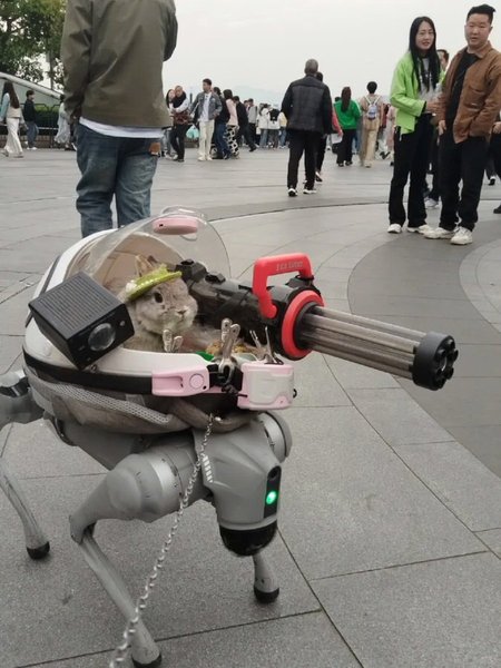 робот-пес, кролик у роботі-псі, робот-собака, кролик з кулеметом,