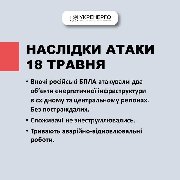 Обстрел 18 мая, дроны-камикадзе, удар ВС РФ, 18 мая, Укрэнерго, энергетика
