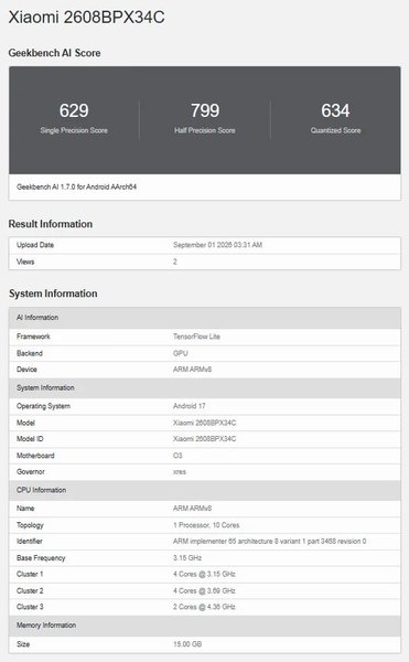 Результати тестів Xiaomi 18 Fold на Geekbench