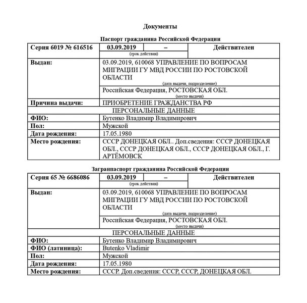 Документы Бутенко Владимира