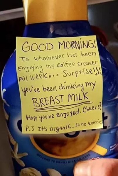 Сливки заменили грудным молоком, сливки, молоко, грудное молоко, молодая мама, воровали на роботе, офис, месть