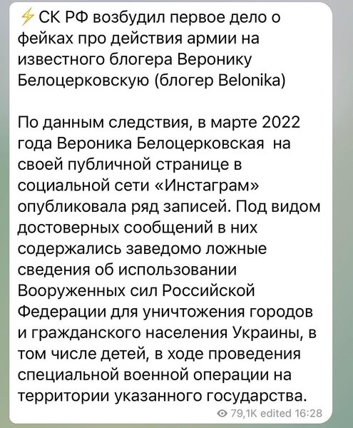 ніка білоцерківська, білоніка, блогер, кримінальна справа, правда про війну, слідчий комітет Росії
