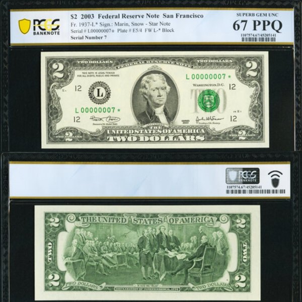 Доллар, 2 доллара США, редкая банкнота, проданы на аукционе, серийный номер, дизайн банкноты, особый знак