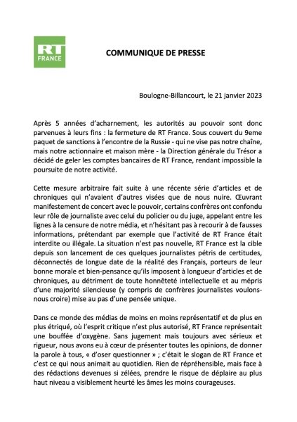 пресс релиз RT France пресс релиз RT France