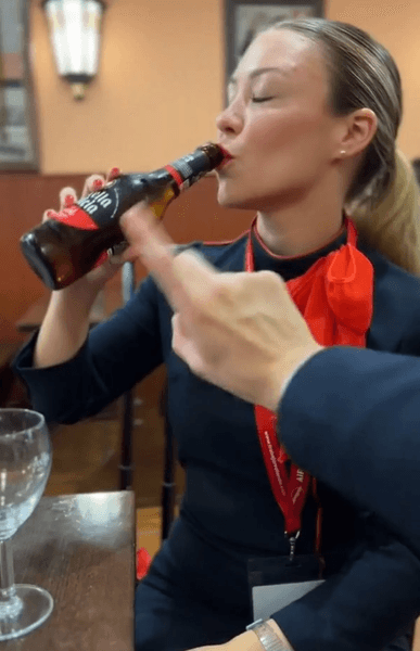 Бортпровідниця у формі п'є пиво, ілюструючи одну із суворих заборон