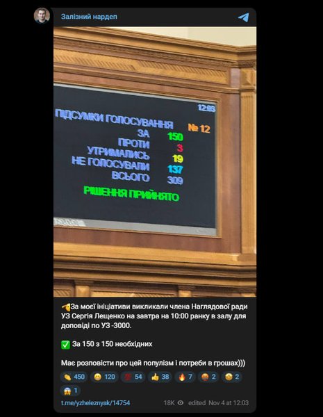 Публикация Ярослава Железняка в Telegram