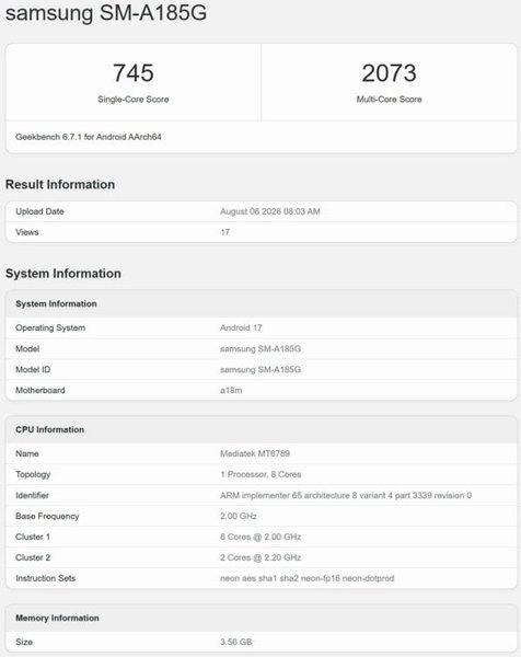 Тесты Galaxy A18 на Geekbench