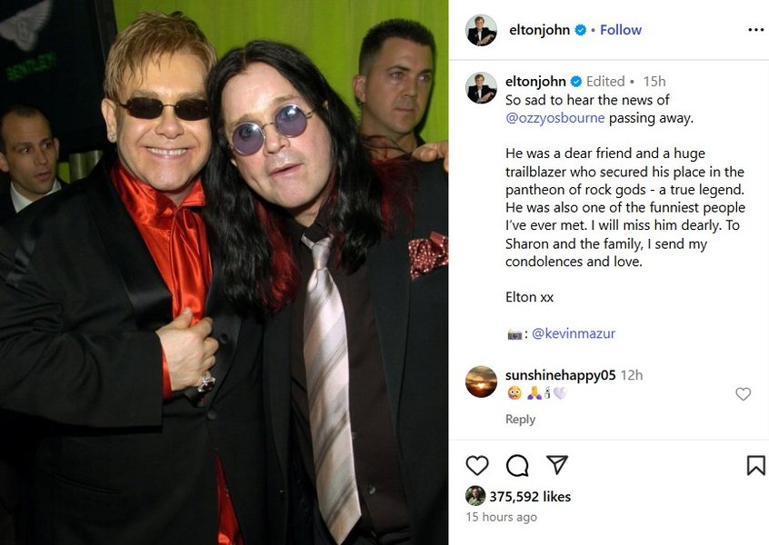 Оззи Осборн умер — реакция Элтона Джона