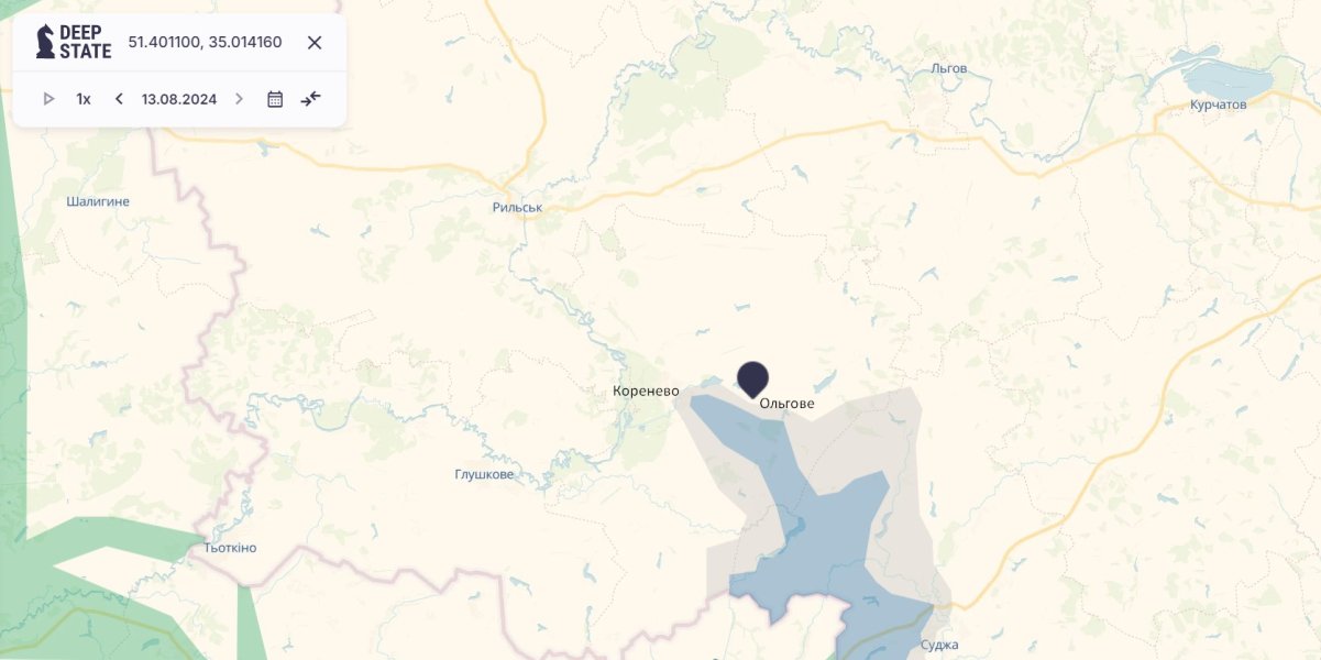 ситуація біля Ольгівка, Коренево, Рильська 13 серпня Прорив в Курській області, Ольгівка, 13 серпня, карта, DeepState
