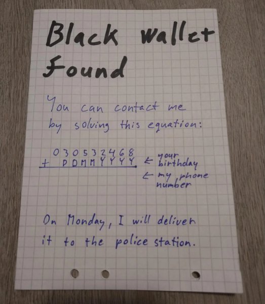 Кошелек, утерянный кошелек, кошелек с деньгами, вернул кошелек, мужчина нашел кошелек, придумал гениальную головоломку, криптография, оставил записку