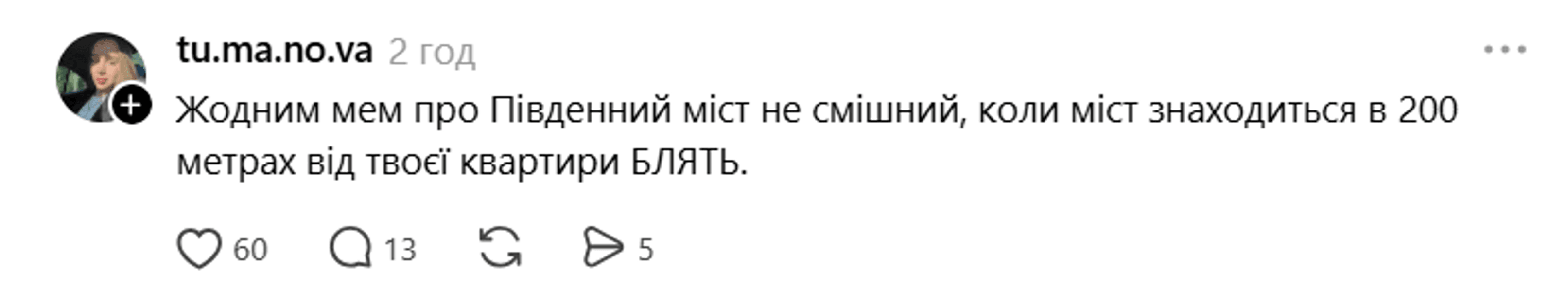 Мем і реакція на Південний міст у Києві Скриншот допису з соцмереж про Південний міст у Києві