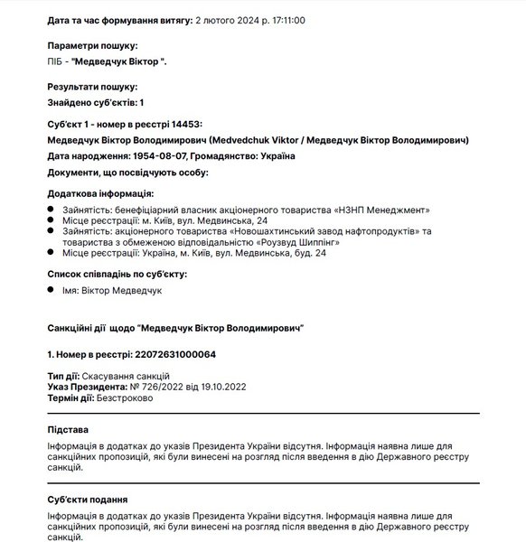 реестр, СНБО, санкции, выписка