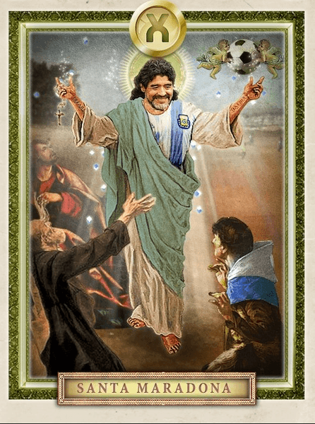 Santa Maradona — культовый образ из "Церкви Марадоны" Иллюстрация, изображающая Диего Марадону в виде святого с сиянием и футбольными символами, созданная поклонниками Церкви Марадоны