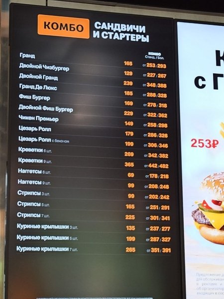 Меню из бывшего ресторана McDonald's в новом заведении "Вкусно и точка"