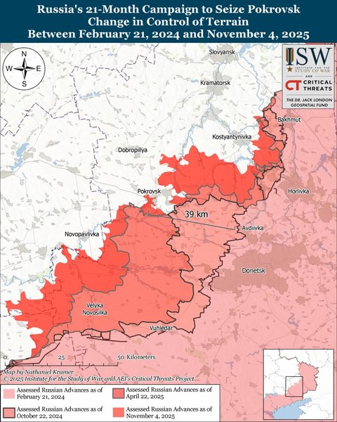 Контроль территории Покровска: изменения февраля 2024 — ноября 2025 21 месяц наступления РФ в Покровске: контроль территории, февраль 2024 — ноябрь 2025