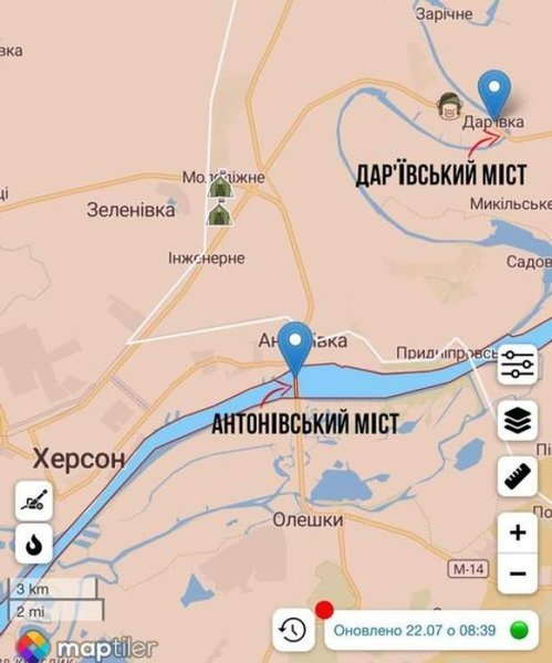 карта Антонівський міст, Дар'ївський міст, оперативне оточення Херсона, визволення Херсона