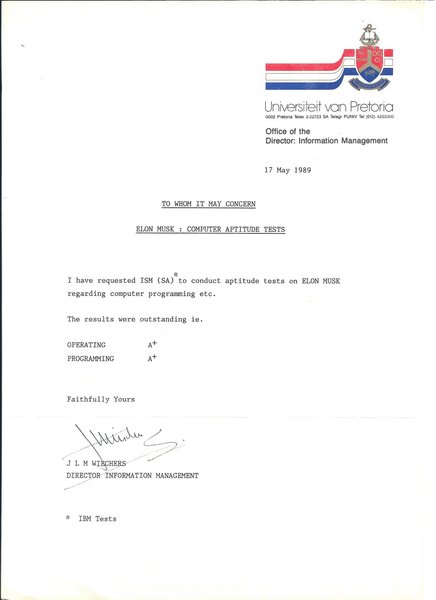 Ілон Маск, Мей Маск, тест