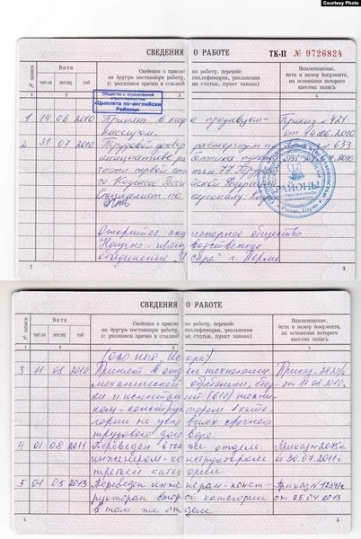 Выписка из трудовой книжки Евгении Ильиных