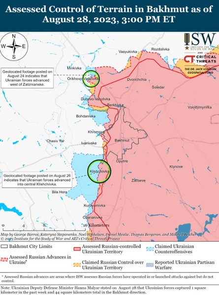 Институт изучения войны, карта боевых действий, 28 августа, восток, Бахмут