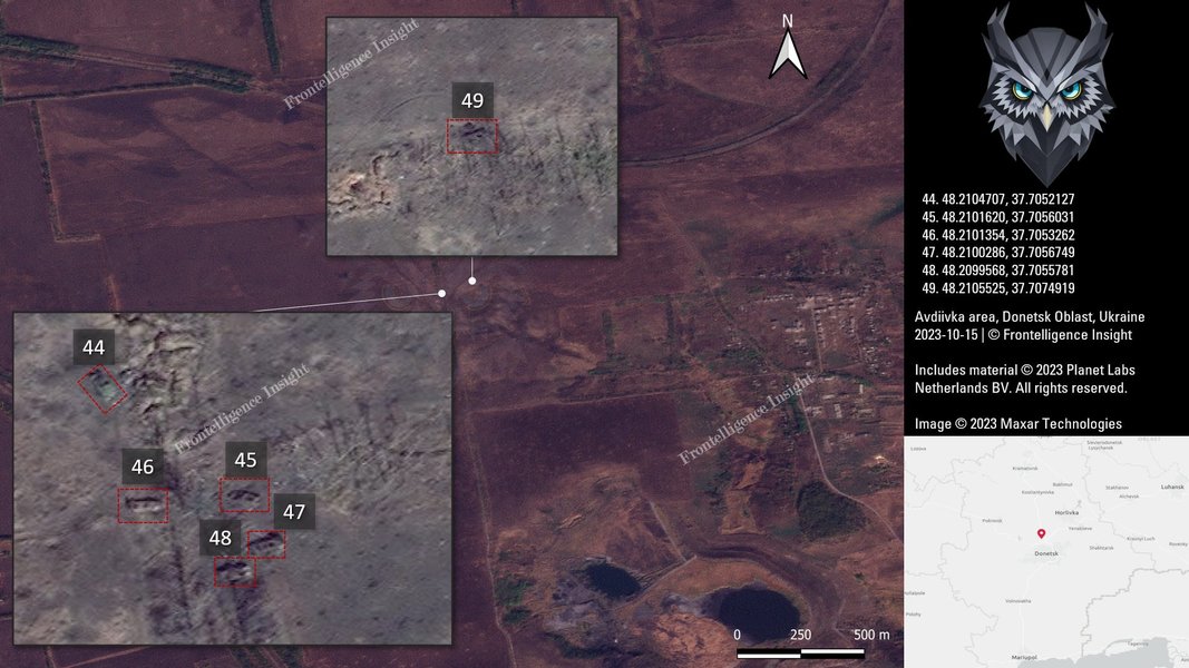 Потери ВС РФ под Авдеевкой, белым квадратом обозначена техника, которая уже была уничтожена ранее