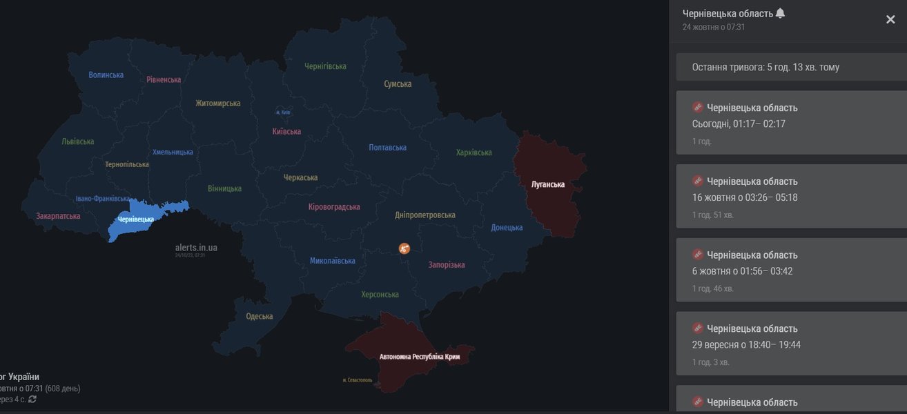Тревога в Черновицкой области 23-24 октября