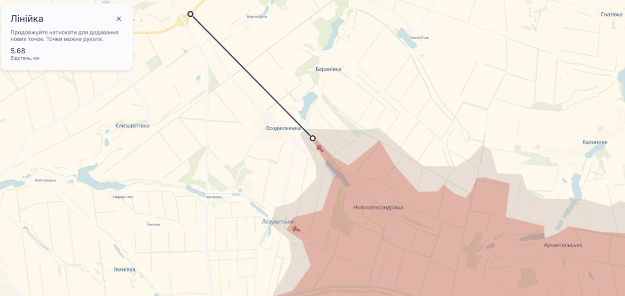 відстань від Воздвиженки до траси Т0504 Бої на сході, карта, 9 липня, Покровський наппрямок, Воздвиженка, відстань, траса