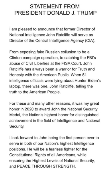 отношение Трампа к новому главе ЦРУ Джону Рэтклиффу Джон Рэтклифф, грава ЦРУ, Трамп назначение, фрагмент заявления