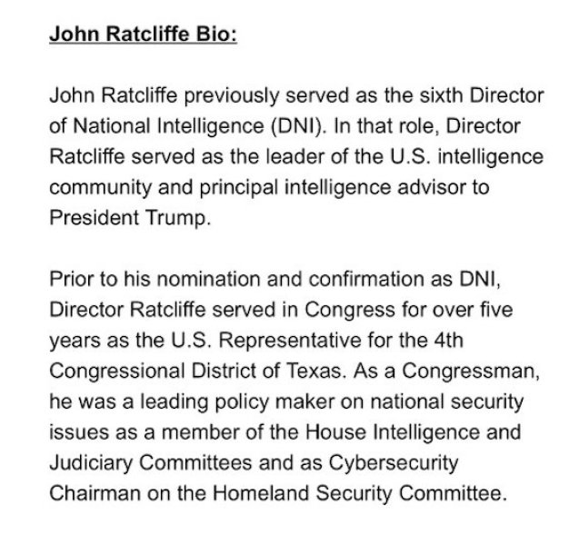 рассказ Трампа о прошлом нового главы ЦРУ Джона Рэтклиффа Джон Рэтклифф, грава ЦРУ, Трамп назначение, объяснение Трампа