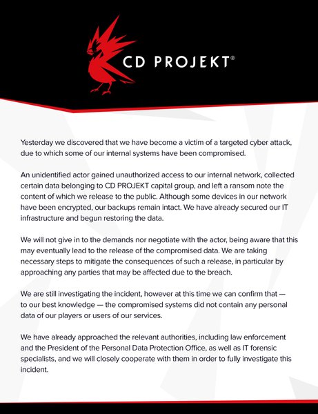 сообщение компании cd project red, взлом cd project red