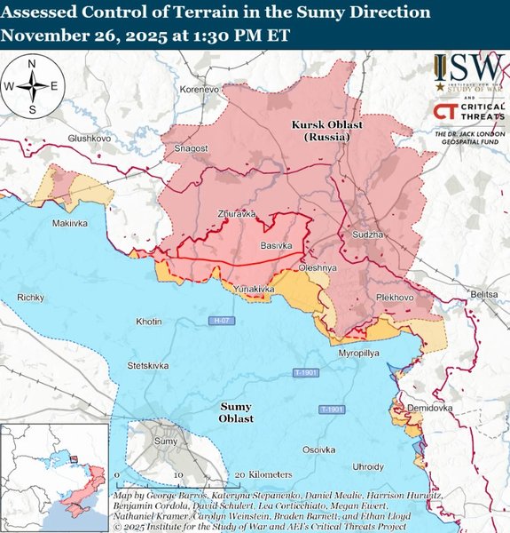 Карта боевых действий на Сумском направлении по версии ISW. 26 ноября 2025