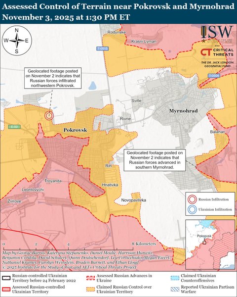 Покровськ і Мирноград — оцінка контролю місцевості — актуальна обстановка Оцінка контролю місцевості поблизу Покровська та Мирнограда