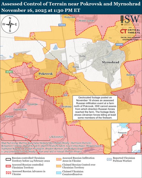 Карта продвижения ВС РФ над местностью вблизи Покровска и Мирнограда
