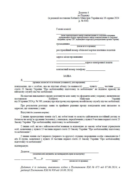 Відстрочка від мобілізації, заява на відстрочку, зразок заяви на відстрочку