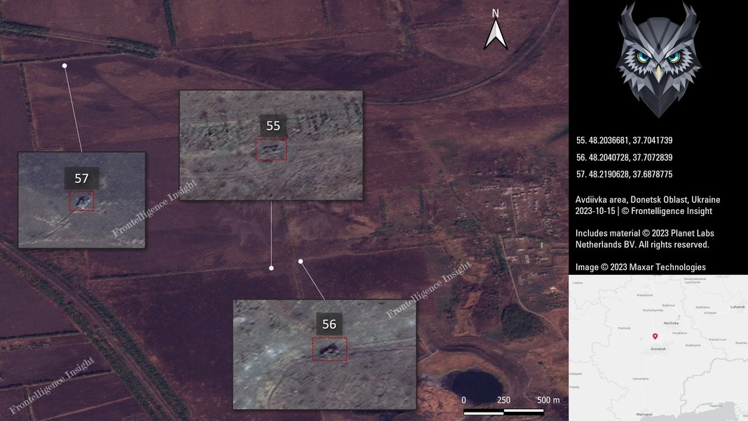 Потери ВС РФ под Авдеевкой, белым квадратом обозначена техника, которая уже была уничтожена ранее