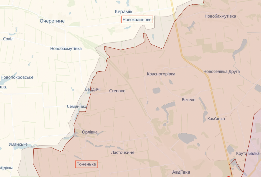 Тоненьке та Новокалинове та карті карта війни в україні, карта війни, Донецька область, Тоненьке, Новокалинове