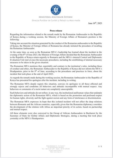 пресс-релиз, власти румынии, мид румынии