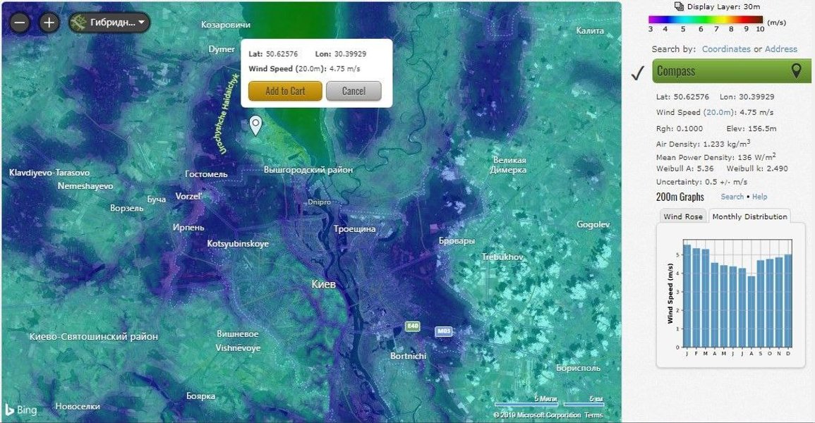 Карта скорости ветров в Украине