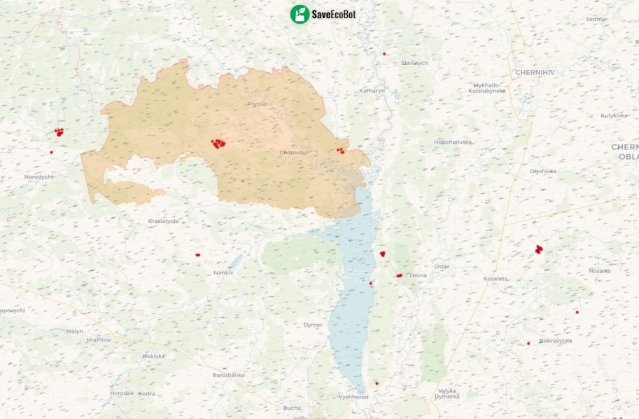 точки, де були займання 4 вересня Пожежа у Чорнобильській зоні, 4 вересня, карта займання